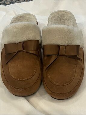 Vionic Nessie Faux-Shearling Bow Slip Brown size 9